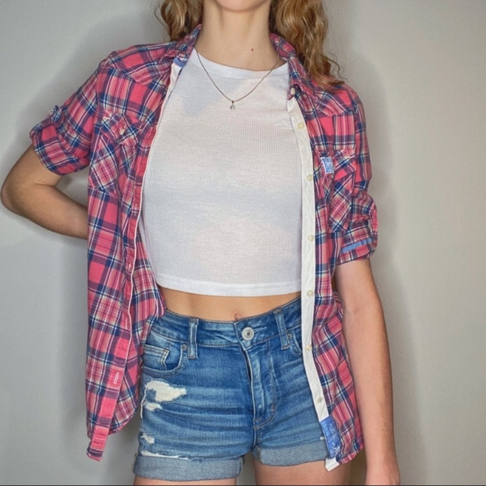 Superdry Pink 3/4 Sleeve Button Down Flannel